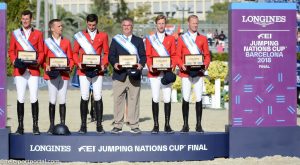 Das siegreiche belgische Team: Jos Verlooy, Wilm Vermeir, Nicola Philippaerts, Chef d'Equipe Peter Weinberg, Pieter Devos, Niels Bruynseels (Foto:Hans-Joachim Reiner)