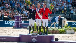 Ben Maher,Martin Fuchs,Jos Verlooy auf dem Siegerpodest